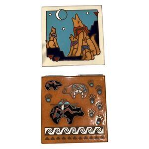 2 Vntg Masterworks Handcrafted Art Tiles Southwestern Bear Coyote Western Desert